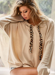 Belle Cashmere Brushed Leopard Detail Hoodie - Oatmeal