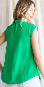 Jodifl Solid V-Neck Pleated Top - Emerald