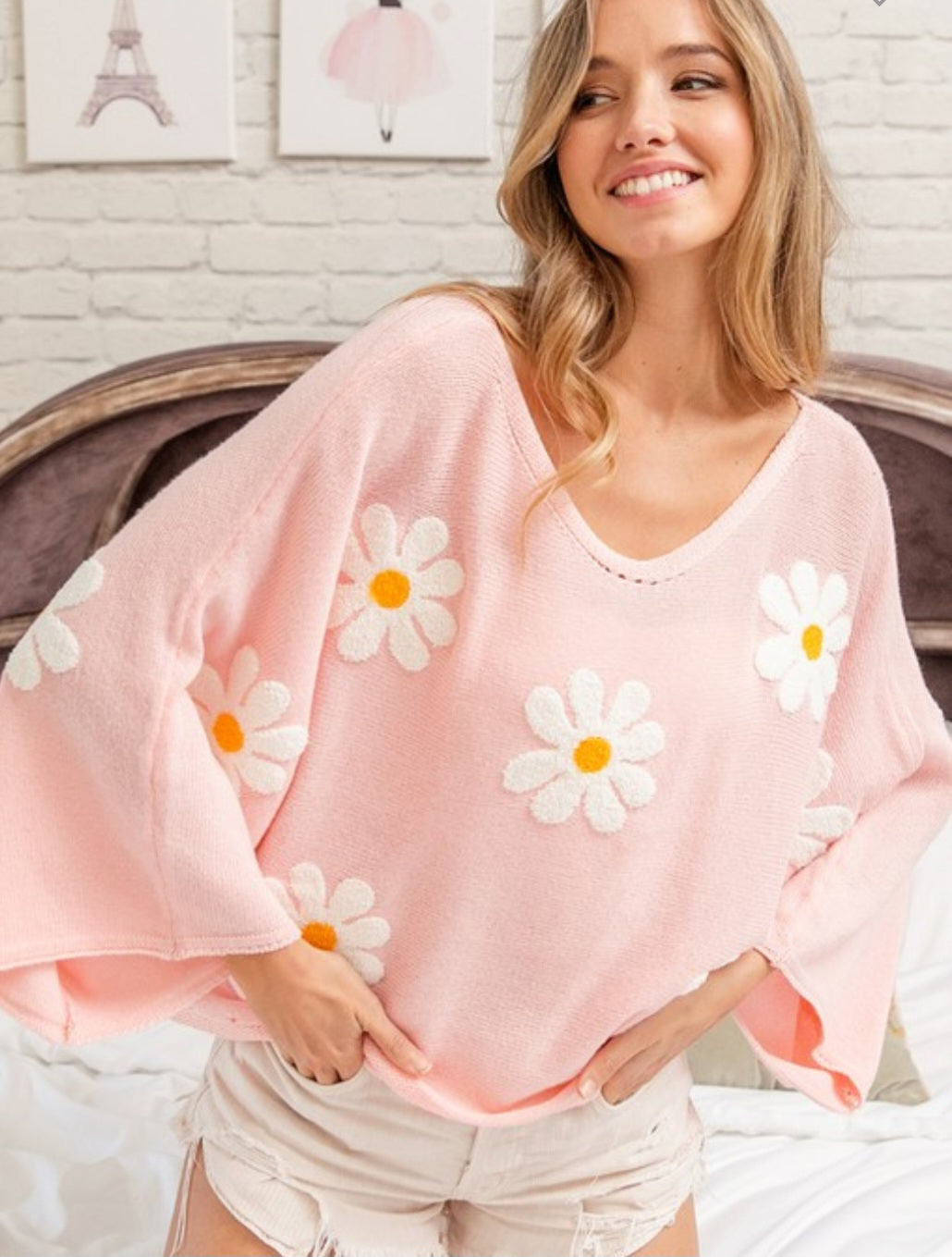 Kierra Embroidered Flower Sweater - Blush